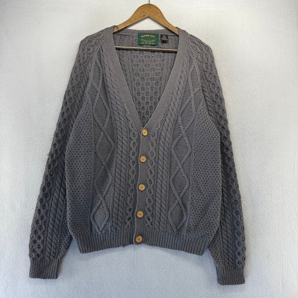 Vintage Maine Bay Cardigan Mens XL Gray Cable Hand Knit Wool Chunky Fisherman